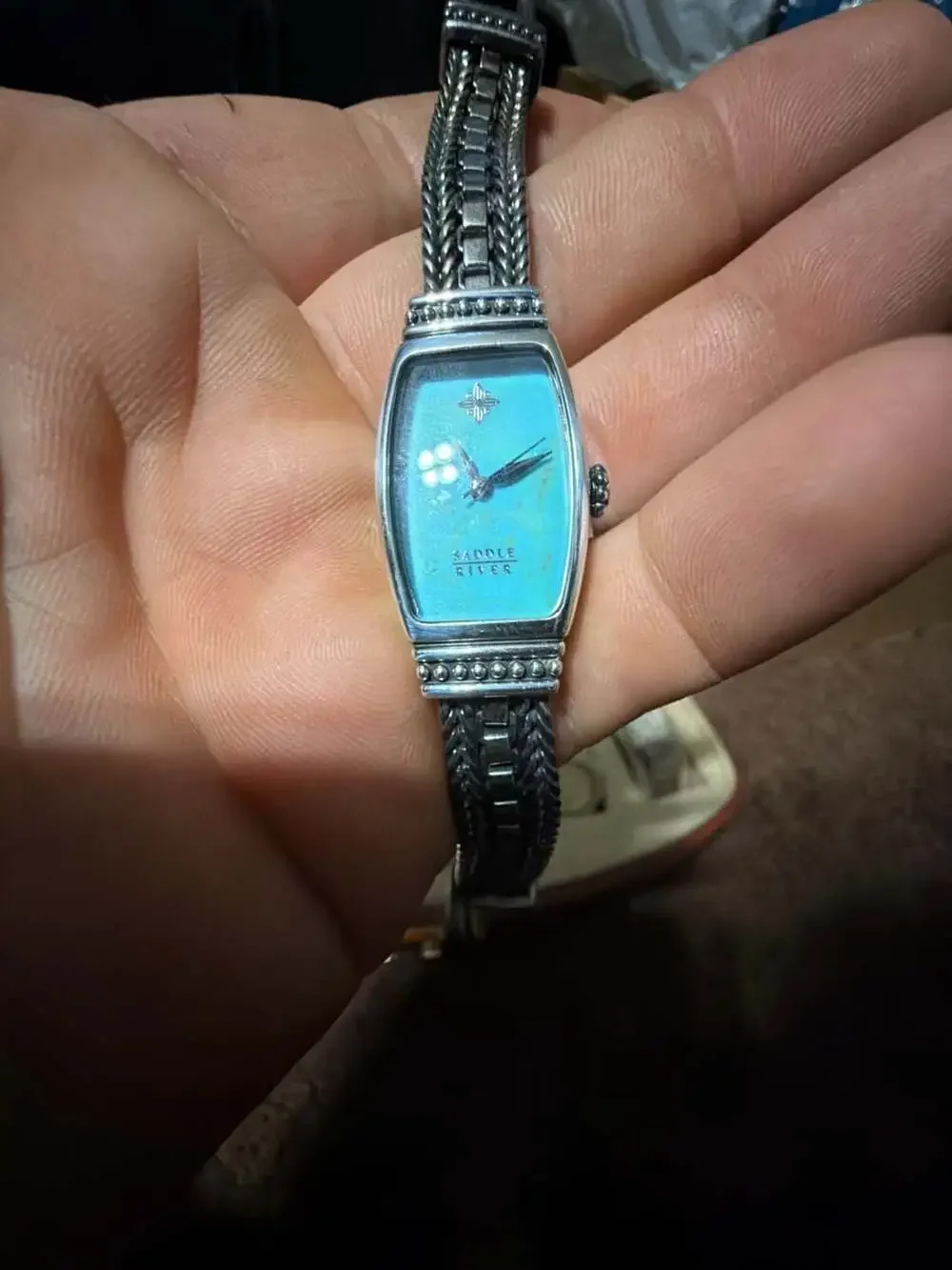 Saddle River Women's Watch Turquoise Dial Sterling Woven Bracelet Toggle Closure